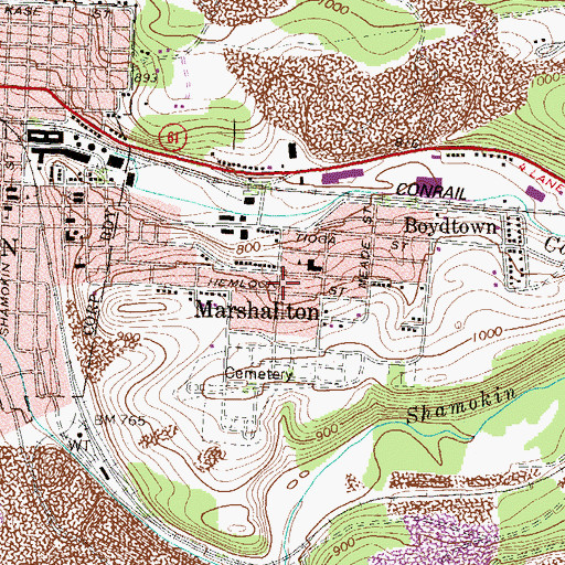 Topographic Map of Marshallton, PA