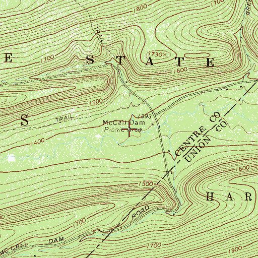 Topographic Map of McCalls Dam State Park, PA