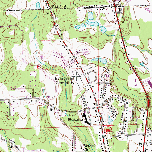 Topographic Map of Evergreen Cemetery, AL
