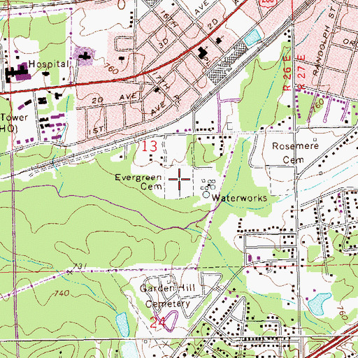 Topographic Map of Evergreen Cemetery, AL