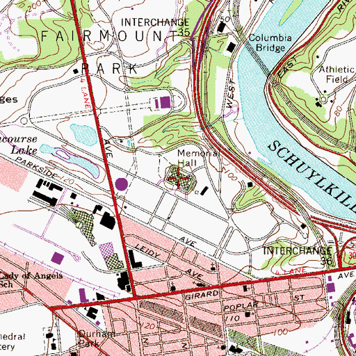 Topographic Map of Memorial Hall, PA