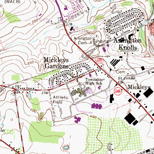 Topographic Map of Mickleys Gardens, PA