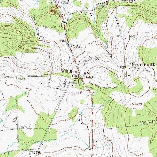 Topographic Map of Mill Run Church, PA