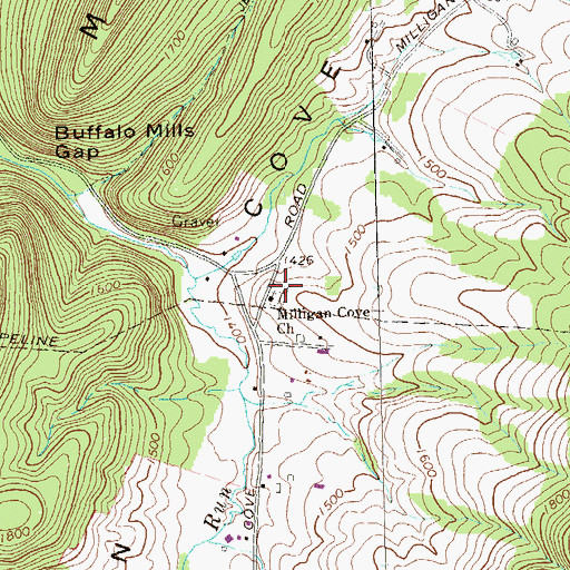 Topographic Map of Milligan Cove Church, PA
