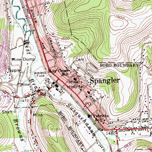Topographic Map of Miners Hospital, PA
