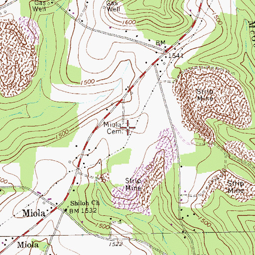 Topographic Map of Miola Cemetery, PA