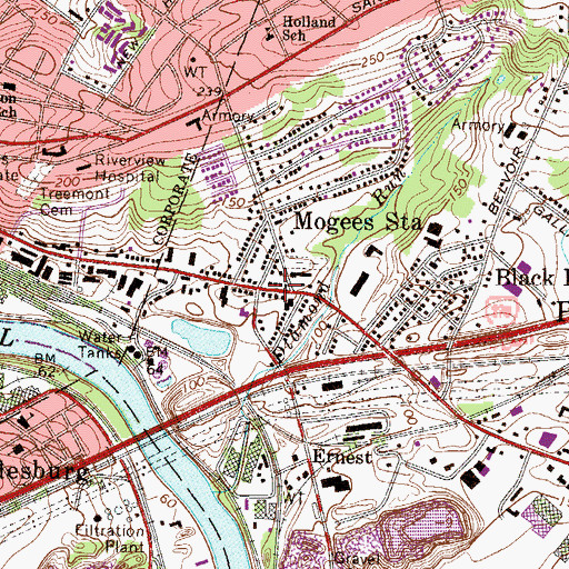 Topographic Map of Mogees Station, PA