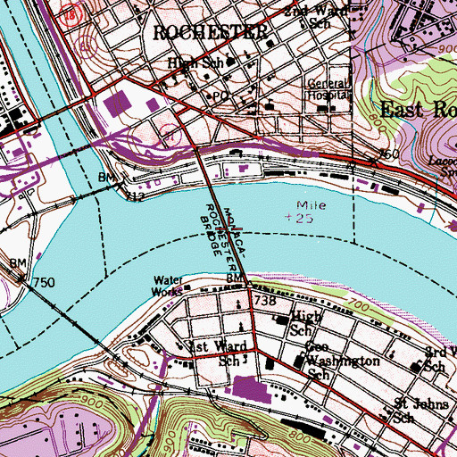 Topographic Map of Monaca Rochester Bridge, PA