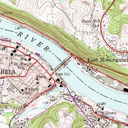 Topographic Map of Monongahela City Bridge, PA
