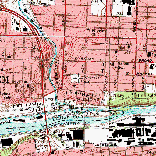 Topographic Map of Moravian Cemetery, PA