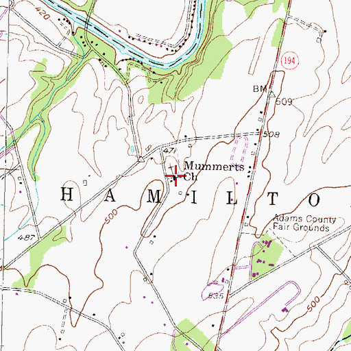 Topographic Map of Mummerts Church, PA