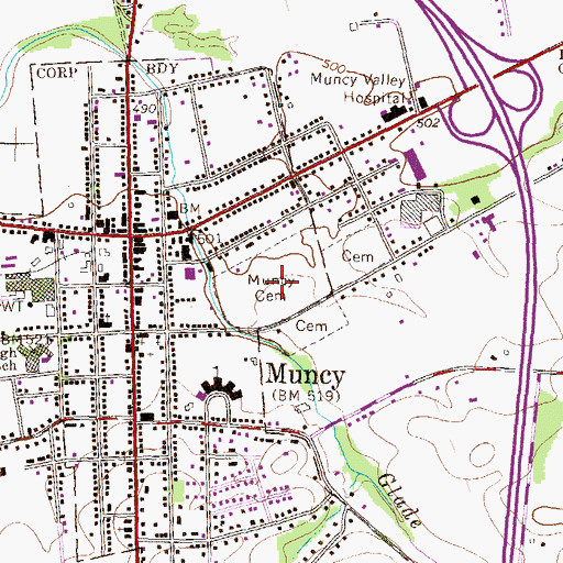 Topographic Map of Muncy Cemetery, PA