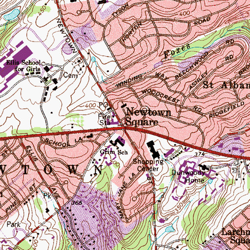 Topographic Map of Newtown Square, PA