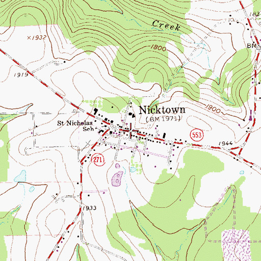 Topographic Map of Nicktown, PA