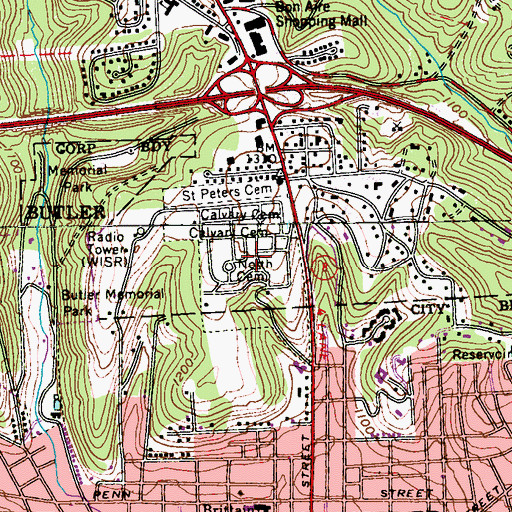 Topographic Map of North Cemetery, PA