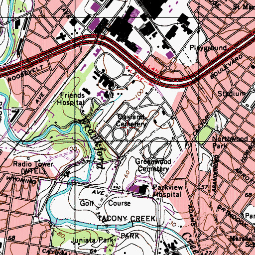 Topographic Map of Oakland Cemetery, PA