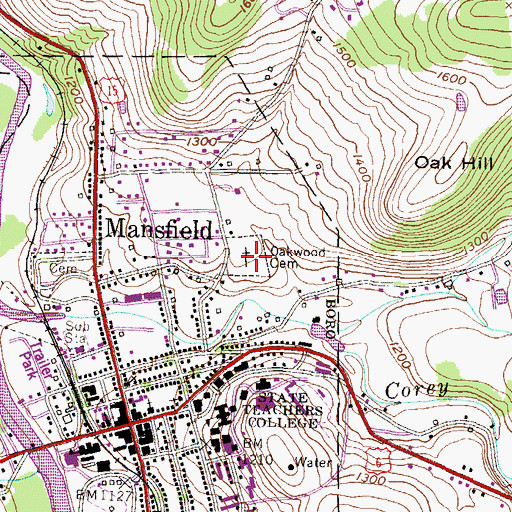 Topographic Map of Oakwood Cemetery, PA