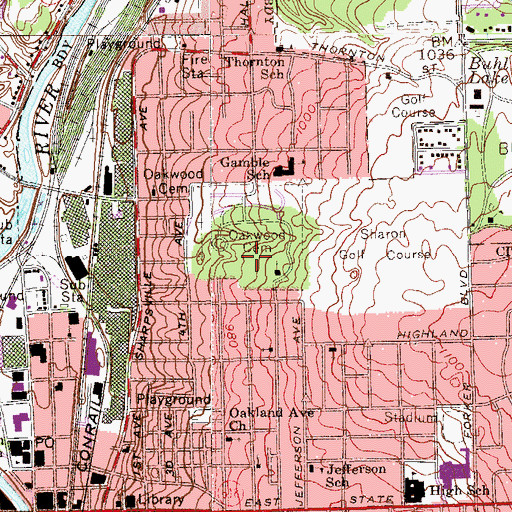 Topographic Map of Oakwood Cemetery, PA