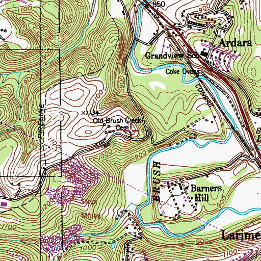 Topographic Map of Old Brush Creek Cemetery, PA