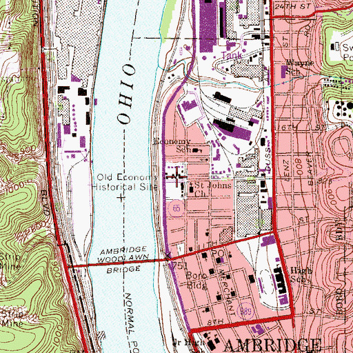 Topographic Map of Old Economy Historical Site, PA