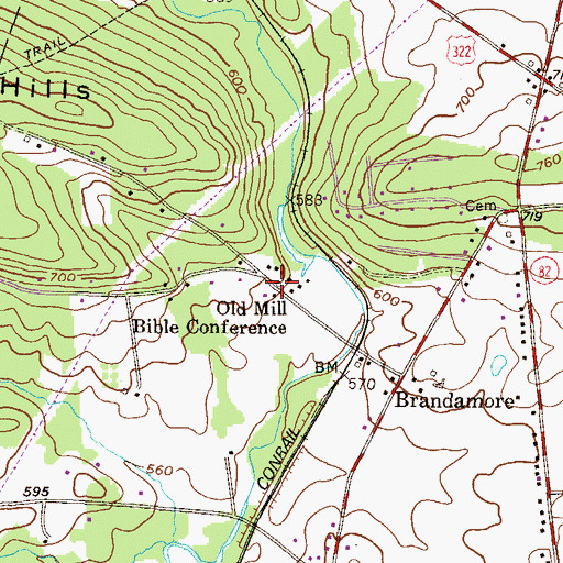 Topographic Map of Old Mill Bible Conference, PA