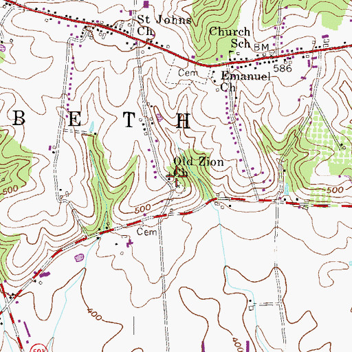 Topographic Map of Old Zion Church, PA