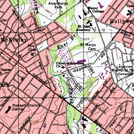Topographic Map of Olivet Ashbourne Church, PA