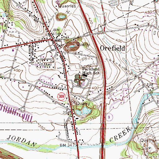 Topographic Map of Parkland High School, PA