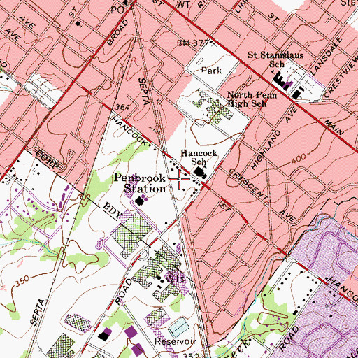 Topographic Map of Pennbrook Station, PA