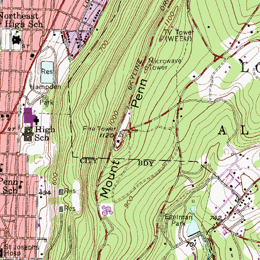 Topographic Map of Mount Penn, PA