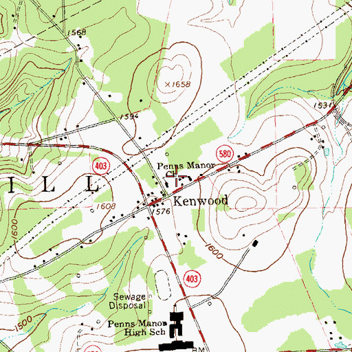Topographic Map of Penns Manor Church, PA