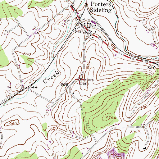 Topographic Map of Porters - Sideling Cemetery, PA