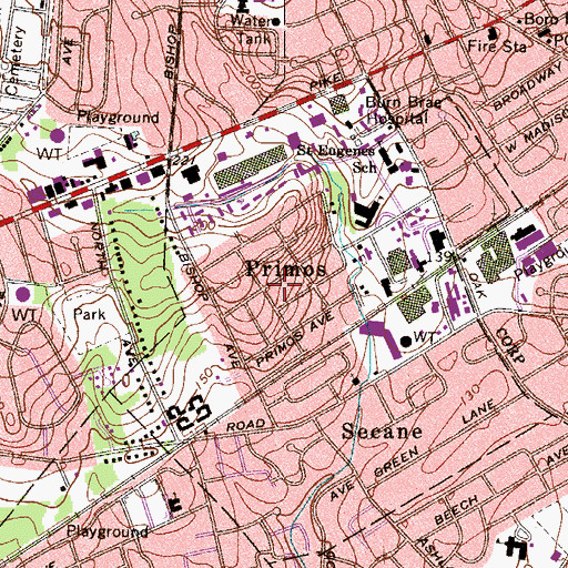 Topographic Map of Primos, PA