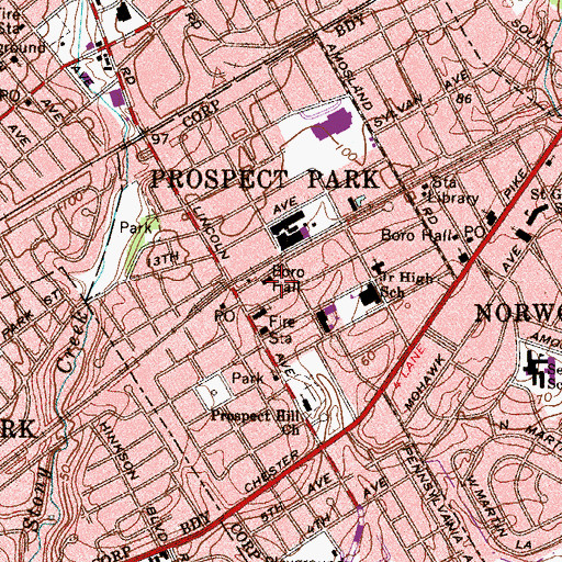 Topographic Map of Prospect Park, PA