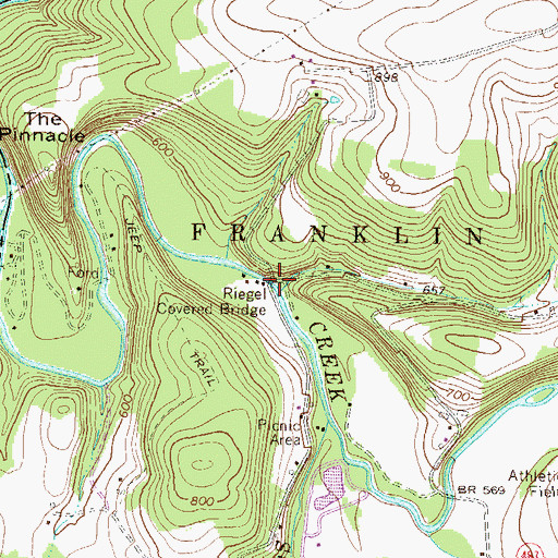 Topographic Map of Riegel Covered Bridge, PA