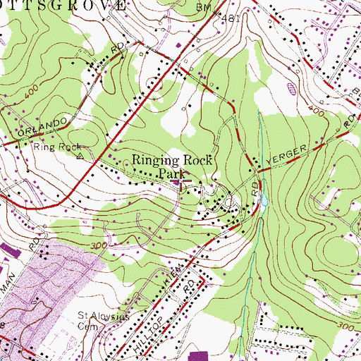 Topographic Map of Ringing Rock Park, PA