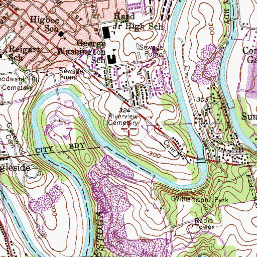 Topographic Map of Riverview Cemetery, PA