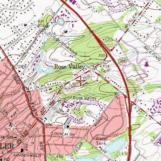 Topographic Map of Rose Hill Cemetery, PA