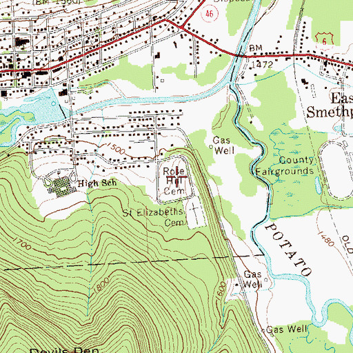 Topographic Map of Rose Hill Cemetery, PA