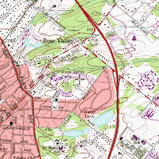 Topographic Map of Rose Valley Cemetery, PA