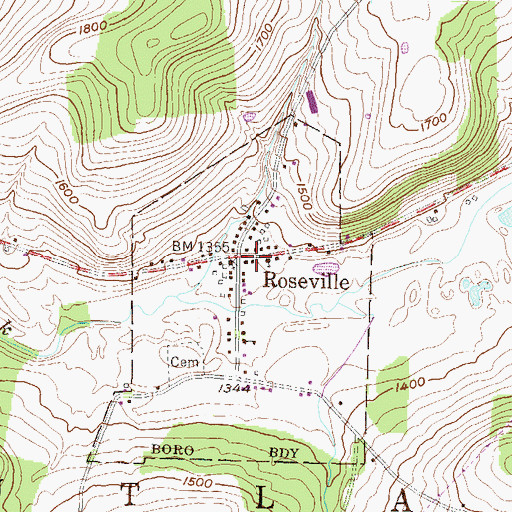 Topographic Map of Roseville, PA
