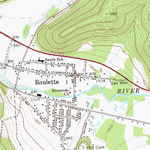 Topographic Map of Roulette, PA