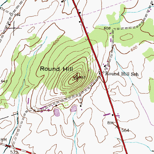 Topographic Map of Round Hill, PA