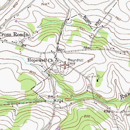 Topographic Map of Roundhill Cemetery, PA