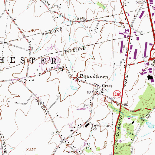 Topographic Map of Roundtown, PA