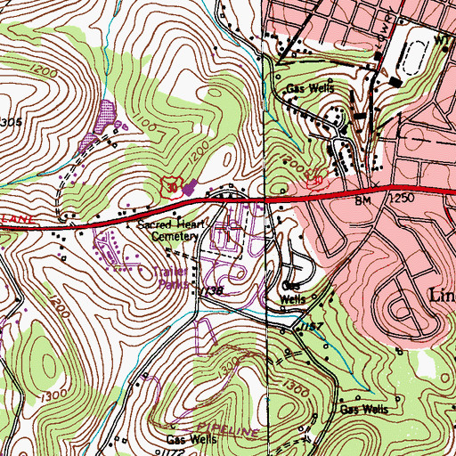 Topographic Map of Sacred Heart Cemetery, PA