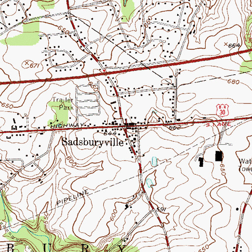 Topographic Map of Sadsburyville, PA