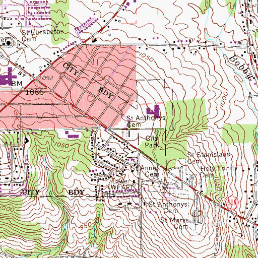 Topographic Map of Saint Anthonys Cemetery, PA
