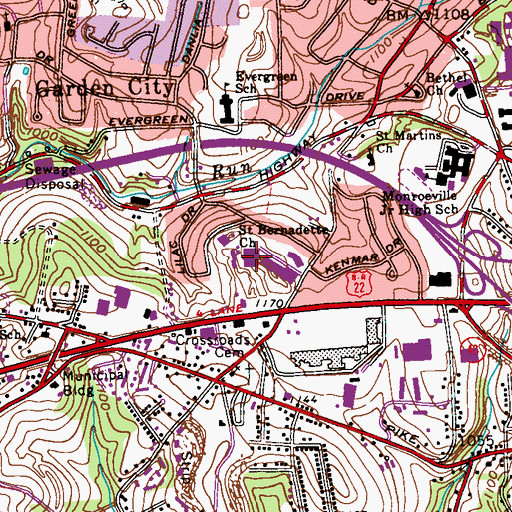Topographic Map of Saint Bernadette Church, PA