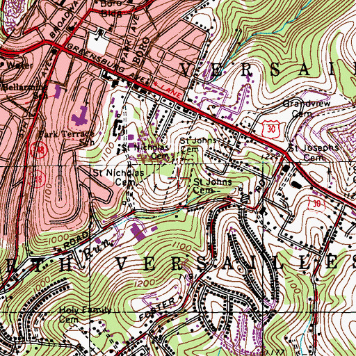 Topographic Map of Saint Johns - Saint John the Baptist Cemetery, PA